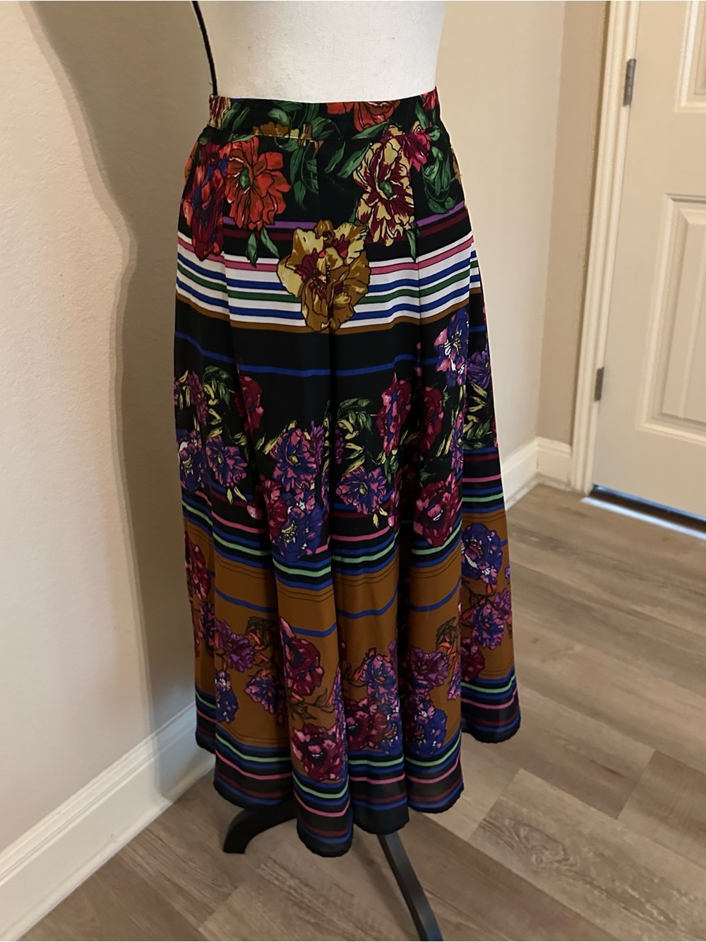 Floral Striped Midi Skirt in Black, Brown and Purple